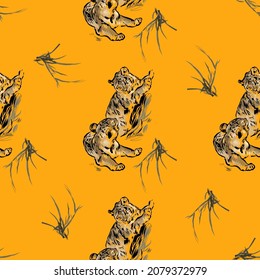  Tigers. Fashion vector illustration. Seamless pattern with stylized tigers. Surface animalistic background. illustration for fabric, wallpaper, cover, cards, pet products and other. - Vector