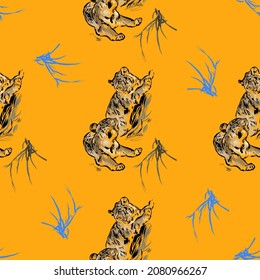  Tigers. Fashion vector illustration. Seamless pattern with stylized tigers. Surface animalistic background. illustration for fabric, wallpaper, cover, cards, pet products and other. - Vector