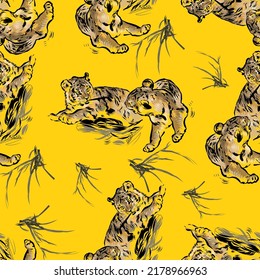 Tigers. Fashion vector illustration. Seamless pattern with stylized tigers. Surface animalistic background. illustration for fabric, wallpaper, cover, cards, pet products and other. - Vector