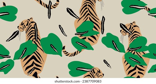 Tigres y patrón sin costuras florales. Patrón de collage creativo. Plantilla de diseño de moda.
