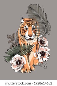 Tigers with the flowers and exotic palm leaves. Creative textile composition, hand drawn style print. Vector illustration.