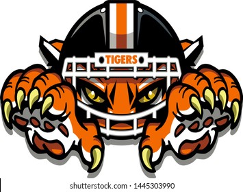 tigers football mascot wearing helmet with facemask and claws for school, college or league