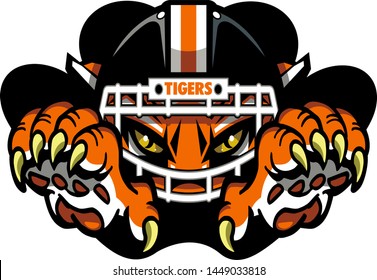 tigers football mascot wearing helmet inside paw print for school, college or league