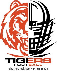 tigers football team design with half mascot and facemask for school, college or league