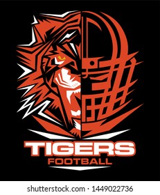tigers football team design with half mascot and facemask for school, college or league