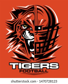 tigers football team design with half mascot and facemask for school, college or league