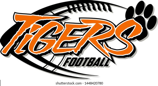 tigers football team design with large paw print and ball for school, college or league