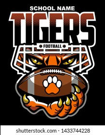 tigers football team design with mascot, facemask and ball for school, college or league