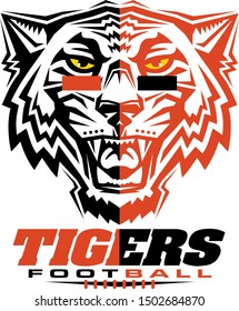 tigers football team design with mascot face and laces for school, college or league