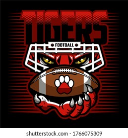 tigers football team design with mascot, facemask and ball for school, college or league