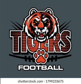 tigers football team design with mascot face and laces for school, college or league