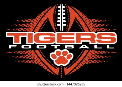 tigers football team design with paw print and ball for school, college or league