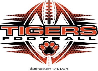 tigers football team design with paw print and ball for school, college or league