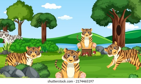 Tigers in the forest scene illustration