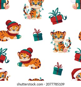 The tigers and gifts pattern. 2022. Christmas and New Year. Vector graphics on a white background.