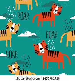 Tigers, hand drawn backdrop. Colorful seamless pattern with animals. Decorative cute wallpaper, good for printing. Overlapping background vector. Design illustration, roar