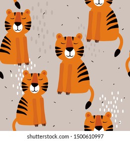 Tigers, hand drawn backdrop. Colorful seamless pattern with animals. Decorative cute wallpaper, good for printing. Overlapping background vector. Design illustration, roar