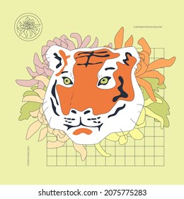 Tigers head and chrysanthemums flowers trendy vector graphic. Comic style colorful design. Banner or card template. 