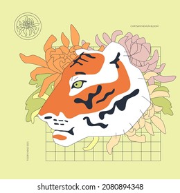 Tigers head profile and chrysanthemums flowers trendy vector graphic. Comic style colorful design. Banner or card template. 