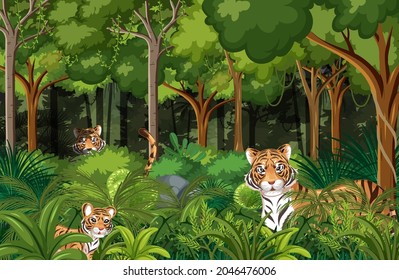 Tigers hidden in tropical forest background illustration