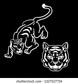 Tigers are isolated on a black background. Cute illustration of a wild cats. Hand drawn vector illustration.