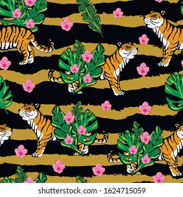 Tigers in jungle , animals , botanical vector seamless pattern on black background . Concept for print, wallpaper, wrapping paper , cards