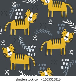 Tigers, leaves, hand drawn backdrop. Colorful seamless pattern with animals. Decorative cute wallpaper, good for printing. Overlapping background vector. Design illustration