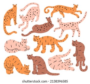 Tigers and leopards. Modern doodle animals. Hand drawn wildlife predators. Wild cats different poses and silhouettes. Jaguars and cheetahs. Primitive style. Vector