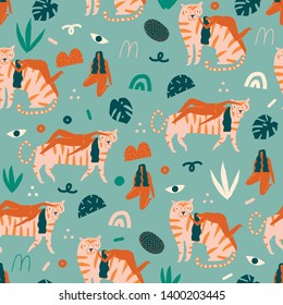 Tigers, leopards and women playing in the jungle seamless pattern. Tropical safari animal, people and floral design.