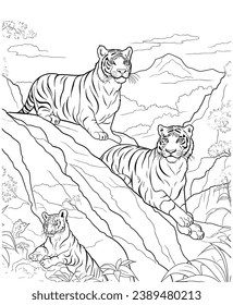 Arte de la línea de la página de coloración de las montañas de los tigres