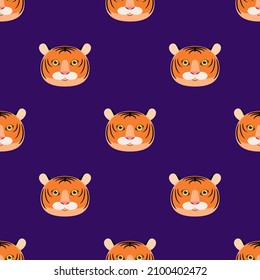tiger's muzzle on a purple background, symmetrical seamless pattern. vector illustration.