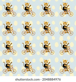 Tigers on a bicycle on a bluish background with white peas. Vector seamless pattern Animals holidays cartoon character.