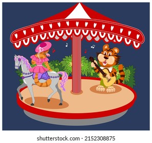 Tigers on a carousel. cartoon style illustration