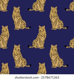 Tigers on dark blue background, vector seamless pattern