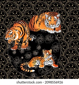 Tigers on linear background vector illustration. Can be used for postcards and T-shirt printing