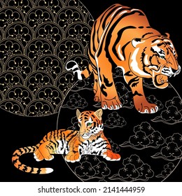 Tiger auf linearem Hintergrund, Vektorgrafik. Kann für Postkarten und T-Shirt-Druck verwendet werden
