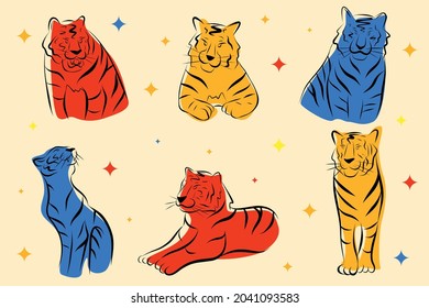 Tigres en un contorno con una silueta de color.Elementos para postales, diseño.Ilustración vectorial