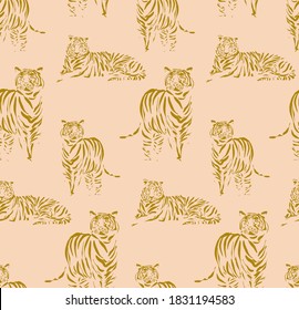 Tigers outline pattern, hand-drawn doodle animal print. repetiotion texture. Vector.