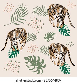 Tigers pattern with tropical leaves background Vector