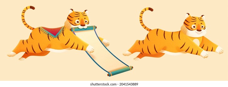 Tigers performing leaping trick. One with an empty paper scroll dangling from its mouth and a rug on its back and another one without