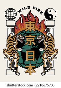 Tigers with Pillars and Symbols Tokyo Japan Words in Japanese Vector Artwork on White Background