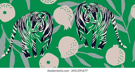 Tigers and pomegranate seamless pattern. Creative collage pattern. Fashionable template for design.
