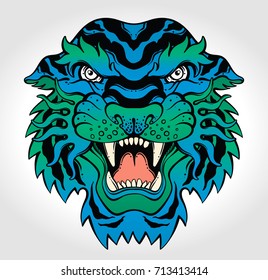 Tiger's portrait made in an old-stylized tattoo. Vector illustration for coloring book, t-shirts, tattoo art, boho design, posters, textiles. Isolated vector illustration.