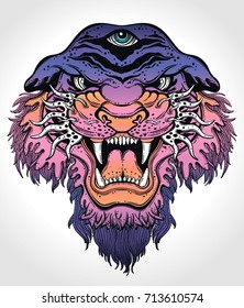 Tiger's portrait made in an old-stylized tattoo. Vector illustration for coloring book, t-shirts, tattoo art, boho design, posters, textiles. Isolated vector illustration.