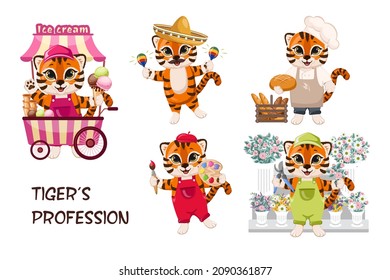 Tiger's profession set. Cute cartoon striped red tiger vendor ice cream street mobile store, dancer, baker, artist, florist.