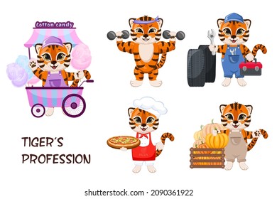 Tiger's profession set. Cute cartoon striped red tiger vendor cotton candy street mobile store, gym, mechanic, pizza maker, farmer.