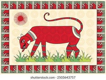 Tiger's Prowl: A Dynamic Gond Artwork of a Majestic Tiger. Pintura de tigre de Gond, tigre de arte popular indio, obras de arte de tigre tribal, arte de la selva de Gond, pintura de fauna de Gond.