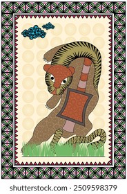 Tiger's Prowl: A Dynamic Gond Artwork of a Majestic Tiger. Gond tiger painting, Indian folk art tiger, Tribal tiger artwork, Jungle animal art, Wildlife Gond painting.