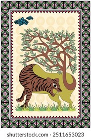 Tiger's Prowl: A Dynamic Gond Artwork of a Majestic Tiger. Gond tiger painting, Indian folk art tiger, Tribal tiger artwork, Jungle animal art, Wildlife Gond painting.