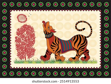 Tiger's Prowl: A Dynamic Gond Artwork of a Majestic Tiger. Gond tiger painting, Indian folk art tiger, Tribal tiger artwork, Jungle animal art, Wildlife Gond painting